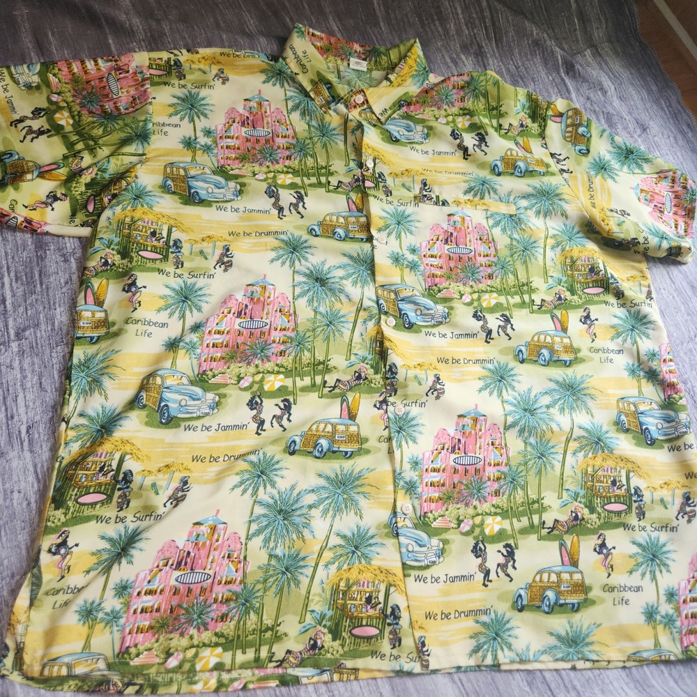 Paradise 2XL Mens Hawaiian Shirt‎ Caribbean Life Surf Cars Palm Trees